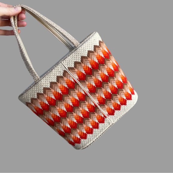 VINTAGE 60s 70s JR Miami Julius Rednik Orange Woven Yarn & Needlepoint Tote Bag - Picture 5 of 11